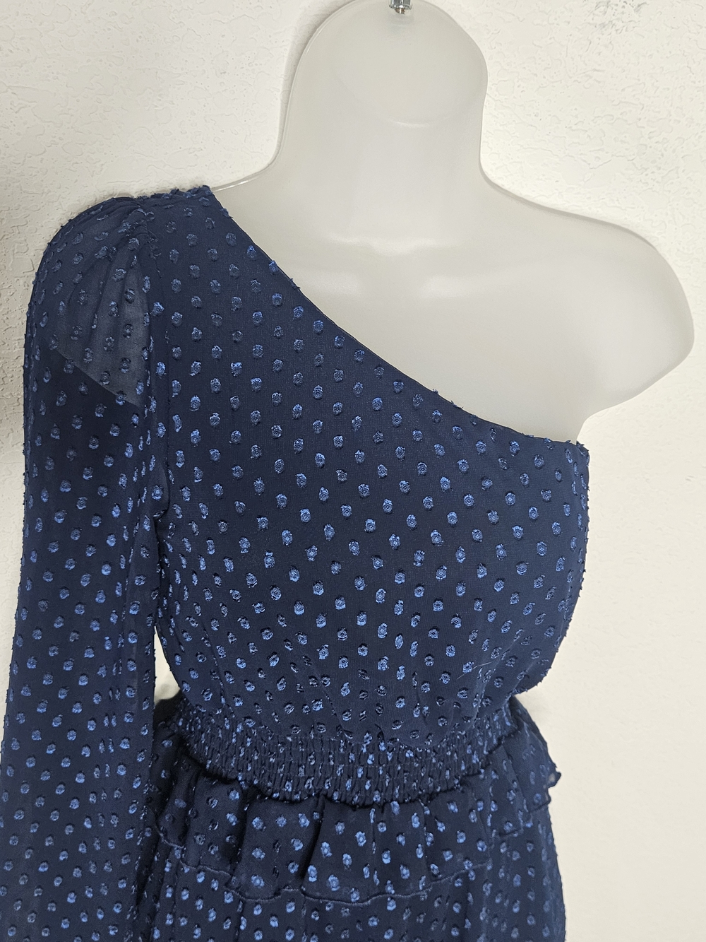 Altar'd State One-Shoulder Navy Swiss Polka Dot Ruffle Tiered Mini Dress Preppy - Picture 4 of 9
